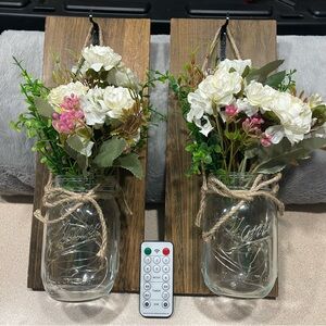 Rustic Wall Sconce with Mason Jar and Floral Arrangement